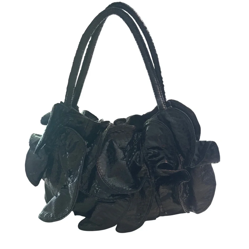 Sondra Roberts Black Faux Snakeskin Ruffle Hobo Bag Patent Tiered Petal Shoulder